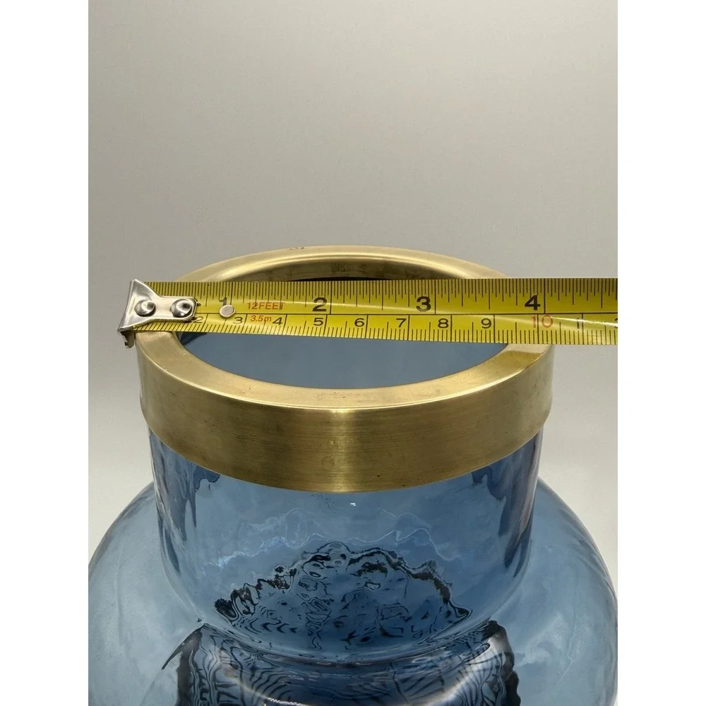 Contemporary MCM Blue Glass Vase Brass Rim Bubble Shape Fern Leaf Textured 8